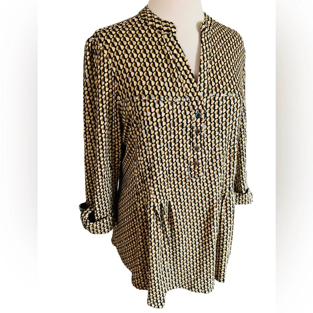 COCOMO 3X yellow brown poly spandex flannel 3/4 sleeve women’s Pintuck tunic - Picture 7 of 15